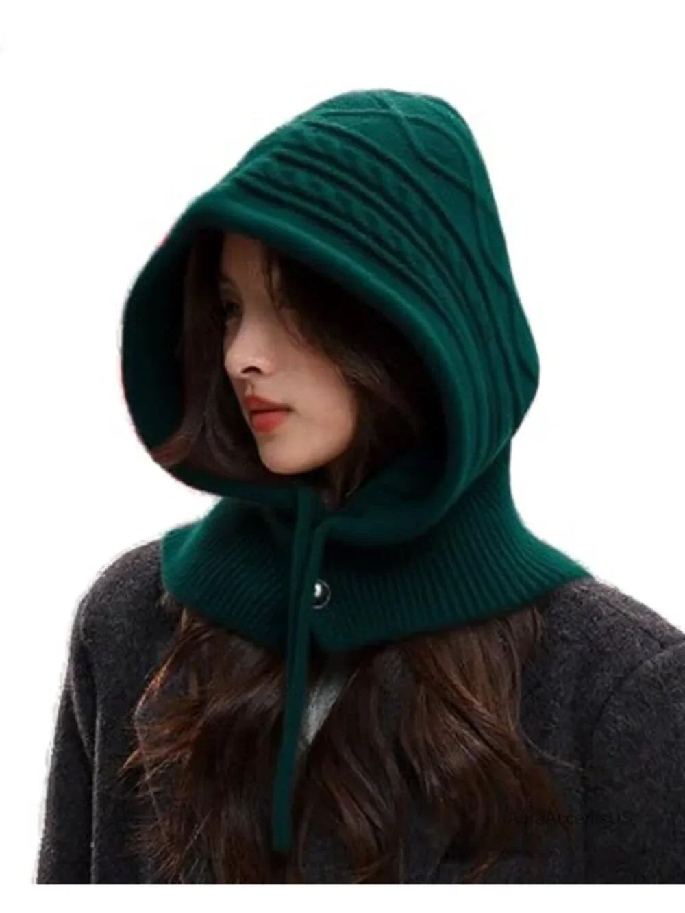 Knitted Balaclava Hooded Scarf Hat Drawstring Adjustable Winter Neck Gaiter